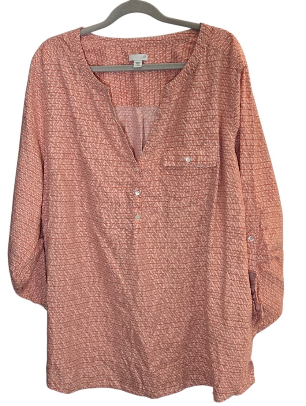 J. Jill Coral Geometric Print Popover Tunic Blouse  100% Cotton Size 2x